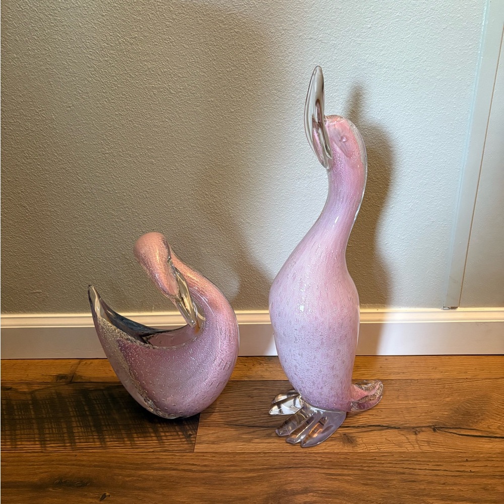 Murano Pink and Silver Vintage Blown Glass Swan  Figurines